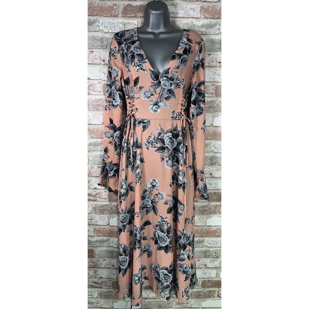 Free People Floral Flute Sleeve Midi Dress Peach Sz XS‎ Tie Waist